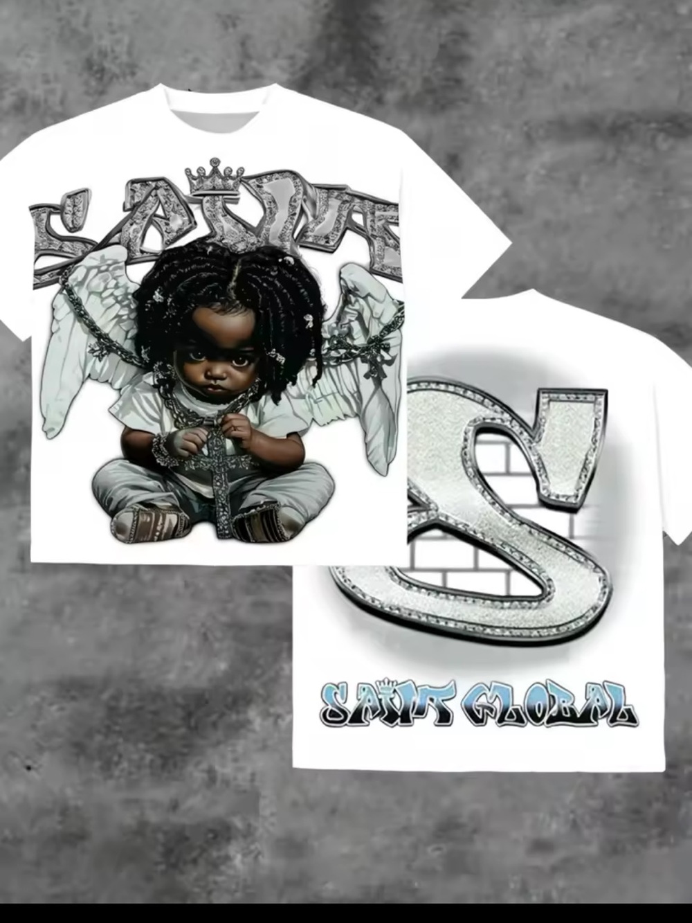 White Short-Sleeve Graphic Tee with Angel Baby Design